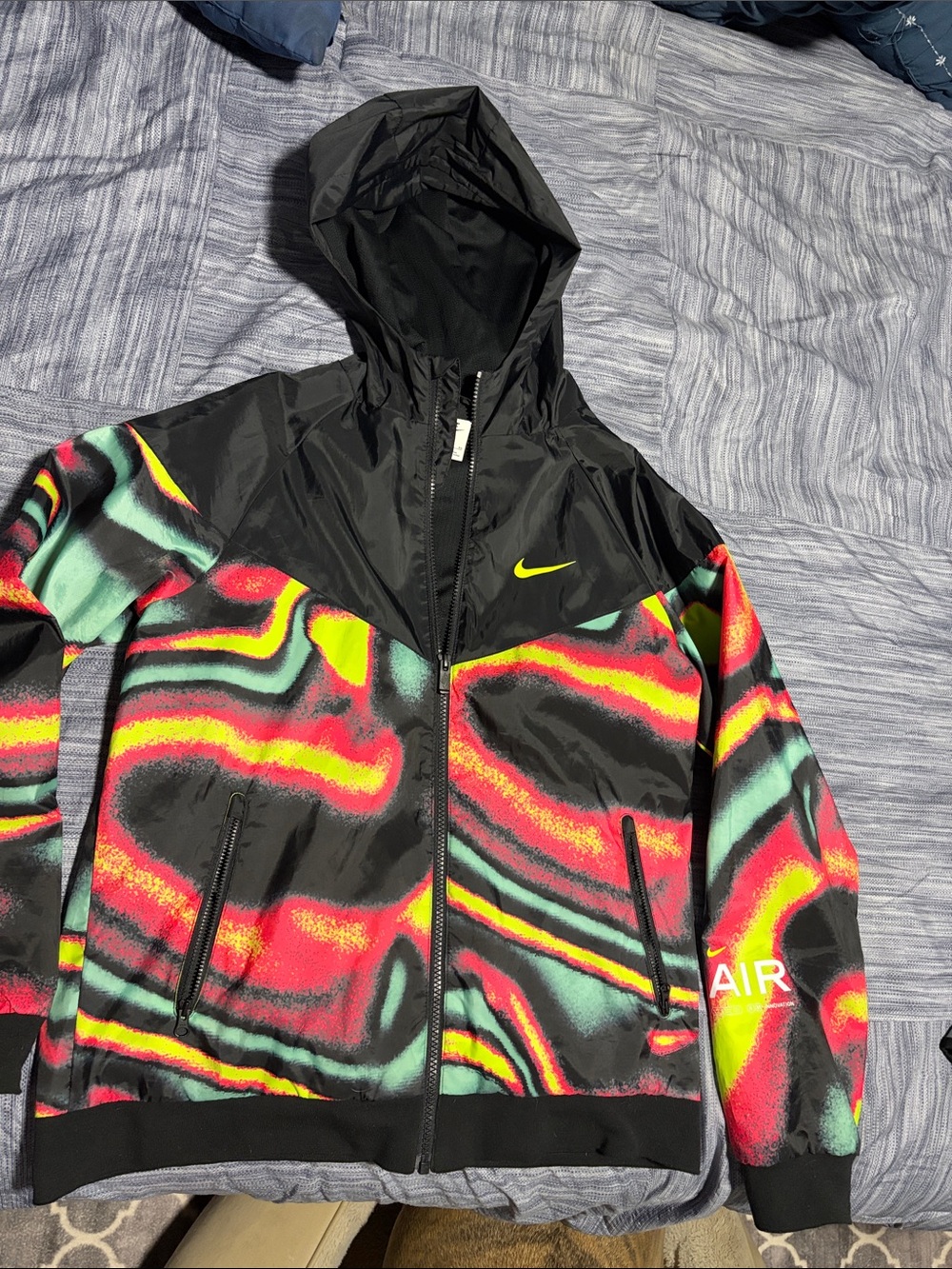 Nike Black Hooded Windbreaker with Neon Yellow, Pink and Teal Swirl